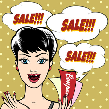 Clipart Image of a Retro Woman with Sale Signs