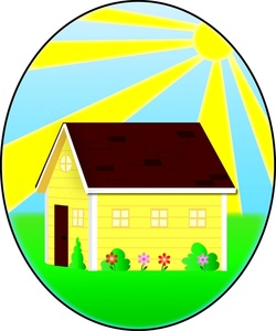 acclaim clipart: a beautiful country home with the sun shining and fresh spring flowers in the yard
