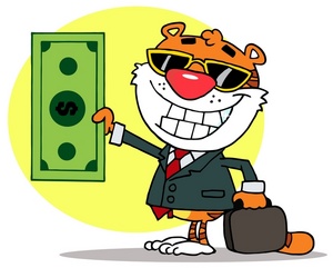 acclaim clipart: a business tiger holding a large green bill