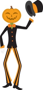 a cartoon gentleman with a halloween pumpkin head lifting his top hat in greeting