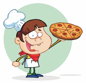 acclaim clipart: a chef holding a pepperoni pizza and smiling
