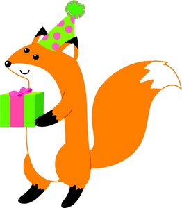 acclaim clipart: a fox wearing a party hat and holding a gift