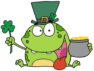 acclaim clipart: a frog holding a shamrock and a pot of gold