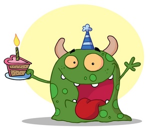 acclaim clipart: a green alien holding a heart shaped slice of cake