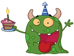 acclaim clipart: a green monster with a slice of cake