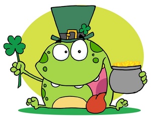 acclaim clipart: a happy irish frog with a pot of gold and a four leaf clover