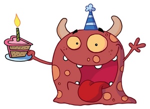 acclaim clipart: a happy red monster with a slice of birthday cake