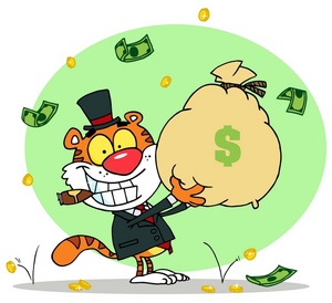 acclaim clipart: a happy tiger with a cigar holding a large bank bag of money