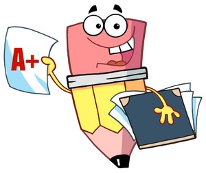 acclaim clipart: a pencil character student gets an a on his report card