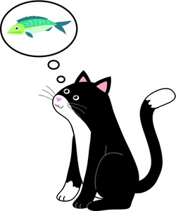 acclaim clipart: a pet cat thinking about a fish