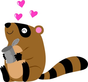 acclaim clipart: a raccoon holding a tin can with hearts floating above its head