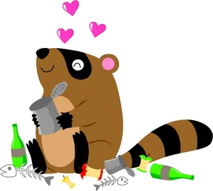 acclaim clipart: a raccoon sitting in trash holding a tin can with floating hearts