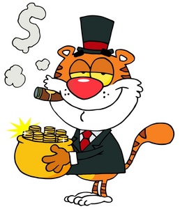 acclaim clipart: a rich tiger holding a pot of gold