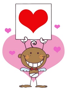 acclaim clipart: a smiling african american cupid with a red heart valentine