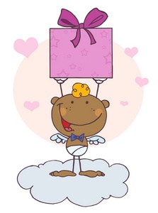 acclaim clipart: a smiling african american cupid with a valentine gift