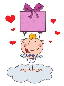 acclaim clipart: a smiling cupid holding a purple gift box