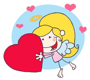 acclaim clipart: a smiling female angel with a red heart
