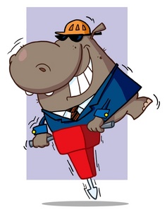 acclaim clipart: a smiling hippopotamus using a jack hammer