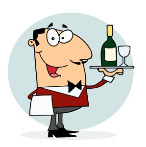 acclaim clipart: a smiling waiter with a tray of wine