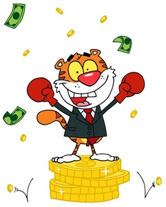 acclaim clipart: a tiger in boxing gloves standing on a stack of golden coins