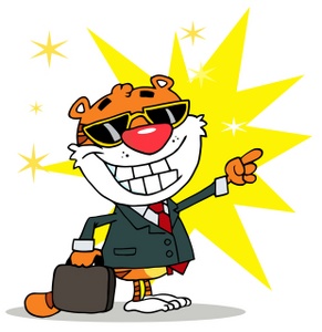 acclaim clipart: a yellow starburst behind a tiger with a briefcase