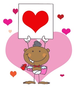 acclaim clipart: african american cupid with hearts holding a red heart valentine card