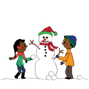 african american kids or black children building a snowman in winter with stick arms carrot nose and a wool cap