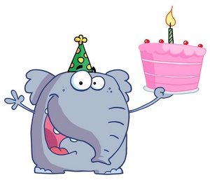 acclaim clipart: an elephant in a party hat holding a pink birthday cake