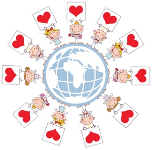 acclaim clipart: angels in a circle around the globe with red heart valentine cards