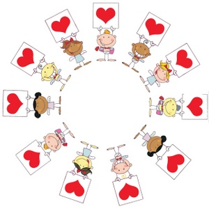 acclaim clipart: angels in a circle holding red valentine cards