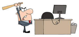 acclaim clipart: angry worker about to smash his computer with a baseball bat