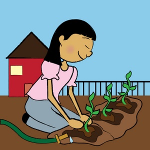 acclaim clipart: asian teen girl planting a garden