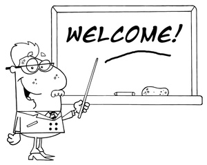 acclaim clipart: back to school teacher wearing glasses with pointer at chalkboard in classroom