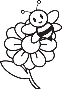 acclaim clipart: black and white drawing of a cartoon honey bee buzzing around a flower