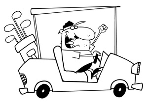acclaim clipart: black and white man driving a golf cart