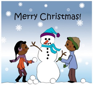 black children a boy and girl building a snowman with the words merry christmas while snowflakes fall