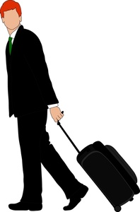 blank faced businessman traveling on business and pulling a suitcase behind him