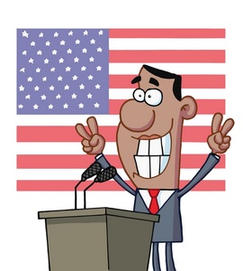 acclaim clipart: cartoon clipart of barak obama at a podium with the american flag