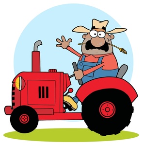 cartoon farmer on a tractor waving