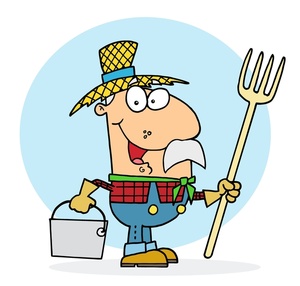 cartoon farmer with pitchfork and milk pail