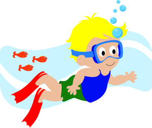 child swimming underwater with scuba mask blowing bubbles and watching the fish