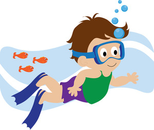 clip art illustration of a boy snorkeling underwater with fish swimming around him
