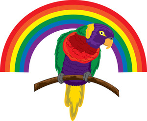 acclaim clipart: clip art illustration of a colorful parrot sitting on a branch in front of a colorful rainbow