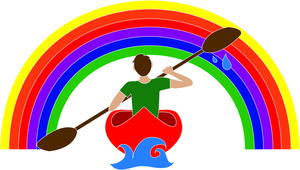 acclaim clipart: clip art illustration of a man kayaking under a rainbow