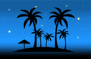 acclaim clipart: clip art illustration of a tropical island in the evening with palm trees
