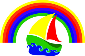 acclaim clipart: colorful sailing icon graphic with sailboat cutting through the waves while sailing under a rainbow
