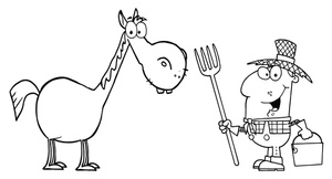 acclaim clipart: coloring page of a farmer with his horse
