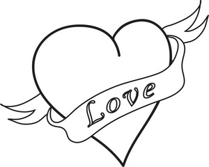 coloring page outline drawing of a heart with a banner that says love