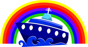 cruiseship sailing under a rainbow to a tropical paradise