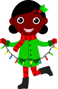 acclaim clipart: cute black girl all dressed up for the holidays stringing christmas lights